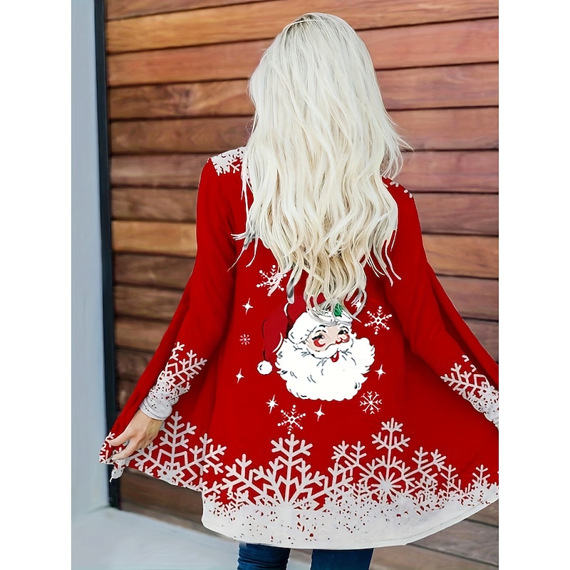Women's Winter Coat Lightweight Comfortable Print Open Front Vintage Fashion Casual Santa Claus Vacation Casual Long Collarless Regular Fit Long Sleeve Outerwear Red Spring Fall