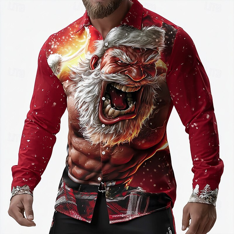 Christmas Men's Muscle Roaring Santa Claus Shirt Button Up Shirt Long Sleeve Funny Outdoor Holiday Spring Fall Turndown 3D Print Collared Shirts Red 1 Red