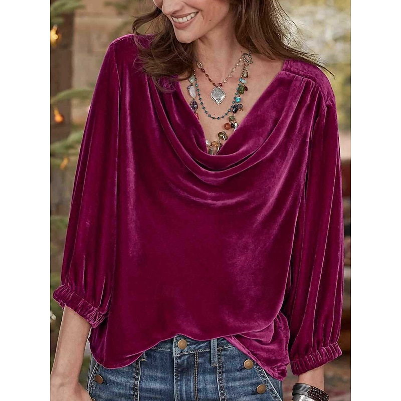 Women's Blouse Solid Color Stylish Casual 3/4 Length Sleeve Cowl Neck Regular Tops Daily Purple Fuchsia Orange Spring Fall Winter2