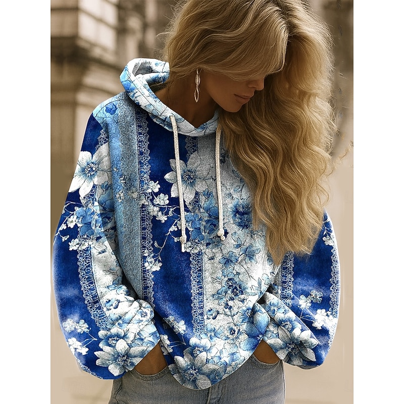 Women's Pullover Hoodie Sweatshirt Floral Graphic Elegant Warm Active Long Sleeve Hooded Regular Tops Street Dailywear Casual Patchwork Print Yellow Pink Blue Light Purple Purple Spring Fall Winter3