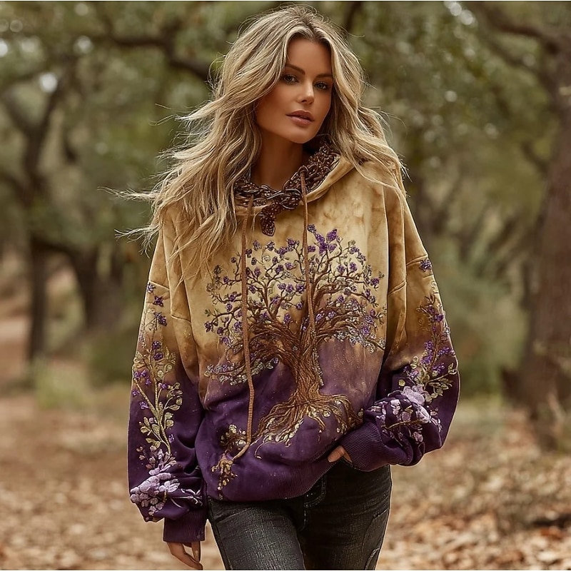 Women's Pullover Hoodie Sweatshirt Floral Graphic Elegant Warm Active Long Sleeve Hooded Regular Tops Street Dailywear Casual Patchwork Print Yellow Pink Blue Light Purple Purple Spring Fall Winter2