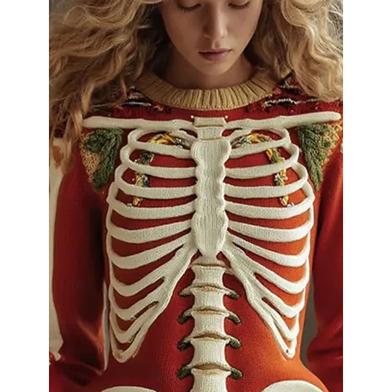 Halloween Women's Sweater Skeleton  Cute Streetwear Casual Graphic Skeleton Crew Neck Patchwork Knitted Long Sleeve Regular Tops KnitOrange Fall Winter2