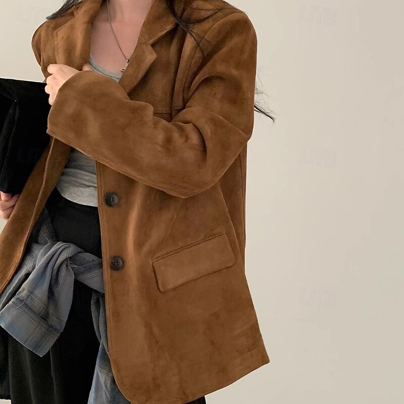 Women's Blazer Warm Comfortable Pocket Buttons Vintage Plain Formal Vacation Office Going out Regular Turndown Loose Fit Long Sleeve Outerwear Brown Khaki Fall Winter3