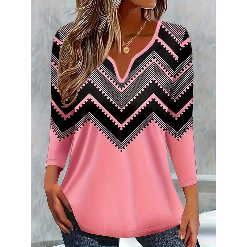 Women's T Shirt Ombre Graphic Geometric Vintage Stylish Classic Long Sleeve V Neck Notched Neck Regular Tops Daily Weekend Print White Pink Red Light Blue Spring Fall Winter