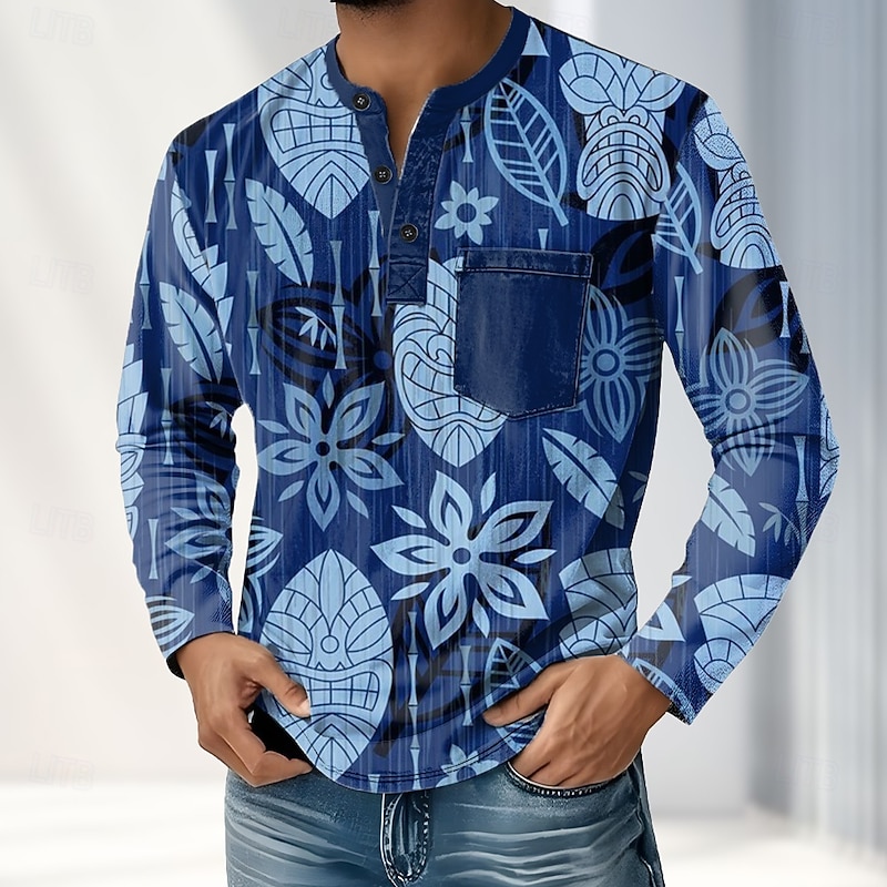 Men's 3D Print Plants Henley Shirt T shirt Tee Long Sleeve Retro Vintage Casual Casual Spring Fall All Seasons Blue Green khaki Henley Henley T-Shirt