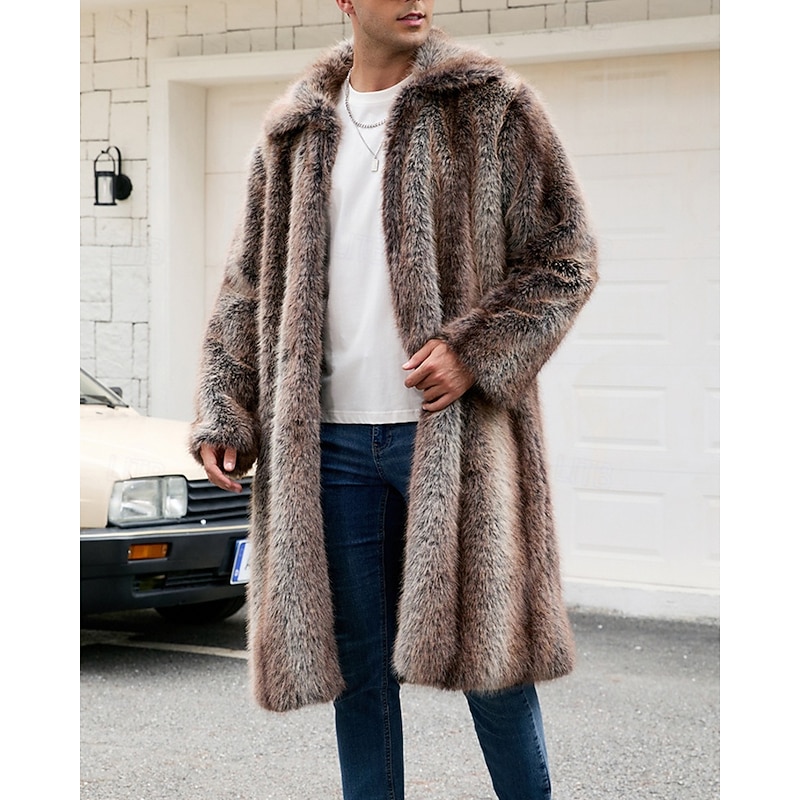 Men's Casual Jacket Faux Fur Coat Vacation Daily Thermal Warm Plush Fall Winter Plain Fashion Streetwear Lapel Long Brown Jacket