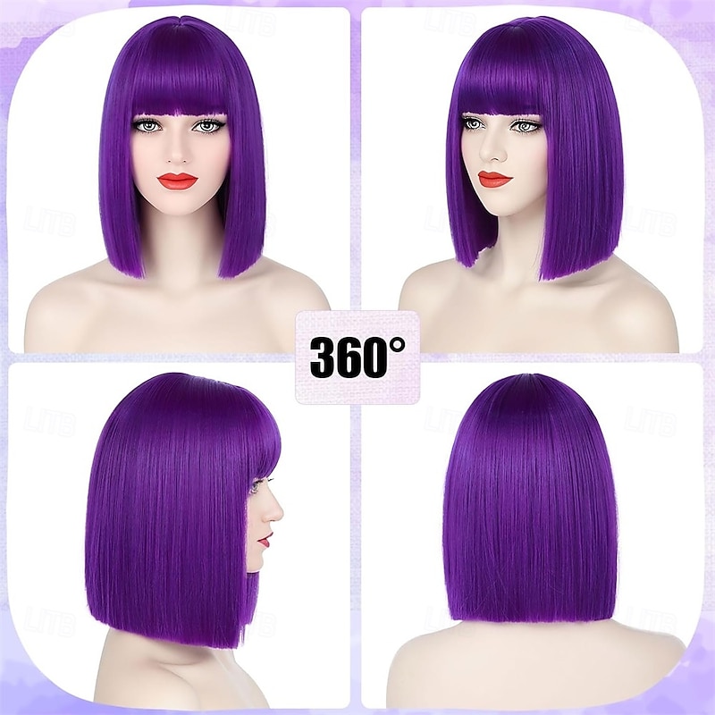 Purple Bob Wig With Bangs Short Straight Dark Purple Bob Wigs for Women Shoulder Length Heat Resistant Synthetic Flat Bang Wigs for Daily Party Cosplay Halloween or Fun2