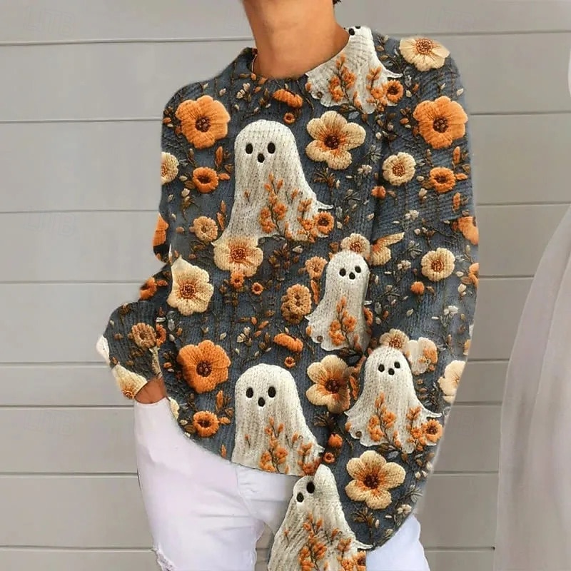 Women's Sweater Pullover Streetwear Casual Floral Crew Neck Knitted Print Long Sleeve Regular Tops Knit Daily Holiday Going out Blue Orange Fall Winter4