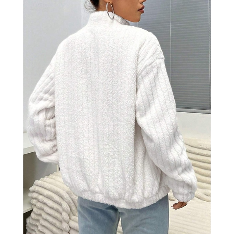 Women's Sweater Cardigan Streetwear Casual Solid Color Stand Collar Zipper Knitted Long Sleeve Regular Tops Knit Outdoor Holiday Weekend White Fall Winter4