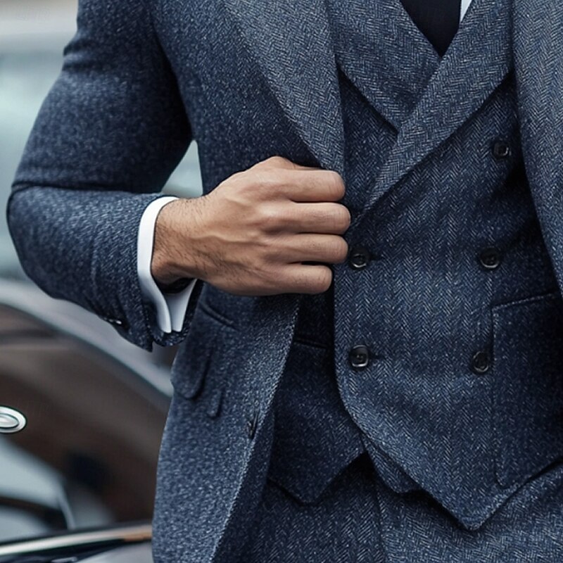 Men's Business Casual Tweed Suits Notch Lapel Dark Blue Formal Herringbone Slim Fit 3 Piece Single Breasted Two-buttons3