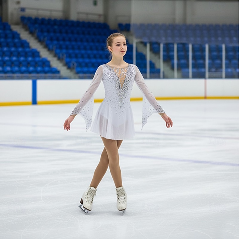 Figure Skating Dress Women's Girls' Ice Skating Dress White Patchwork Thumbhole Mesh Spandex Stretchy Training Practice Professional Skating Wear Crystal / Rhinestone Long Sleeve Figure Skating3