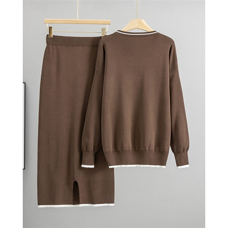 Women's Sweater Sweater Co-ords Streetwear Casual Color Block Crew Neck Beaded Knitted Long Sleeve Regular Tops Knit Daily Holiday Going out Black Apricot Fall Winter2