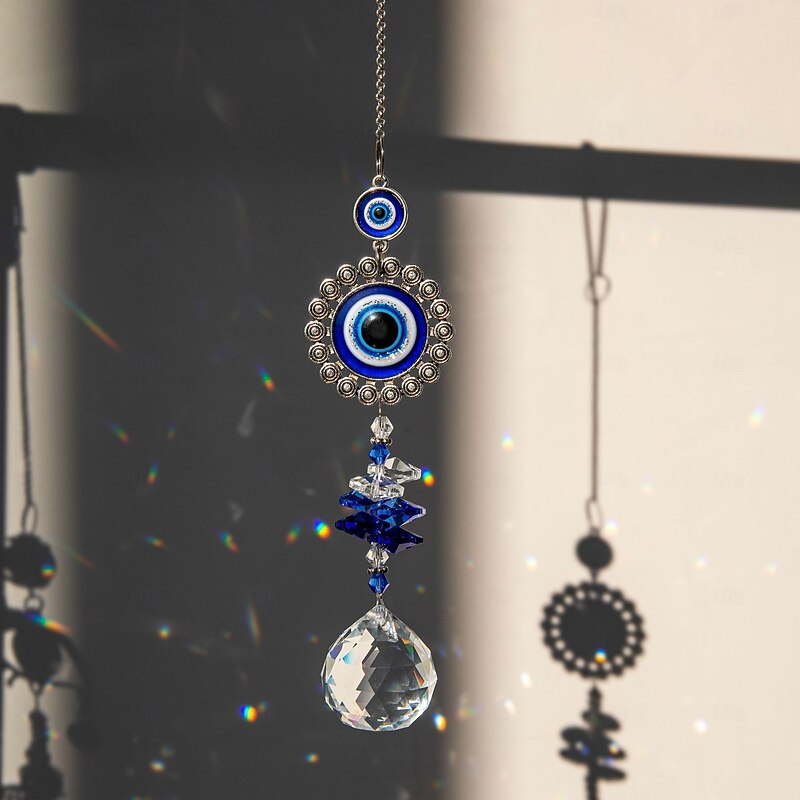 1PC Blue Round-eye Crystal Wall Decoration and Hanging Ornament Blue Eye Pendant Hanging Decoration Suitable for Garden Terrace Courtyard Porch Balcony Hanging Decoration and Warm Gift