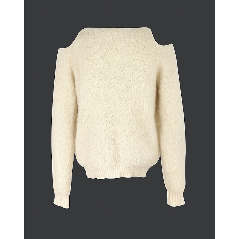 Women's Sweater Casual Soft Pure Color Ribbed Crew Neck Knitted Cold Shoulder Long Sleeve Regular Tops Knit Outdoor Daily Weekend Beige Fall Winter2
