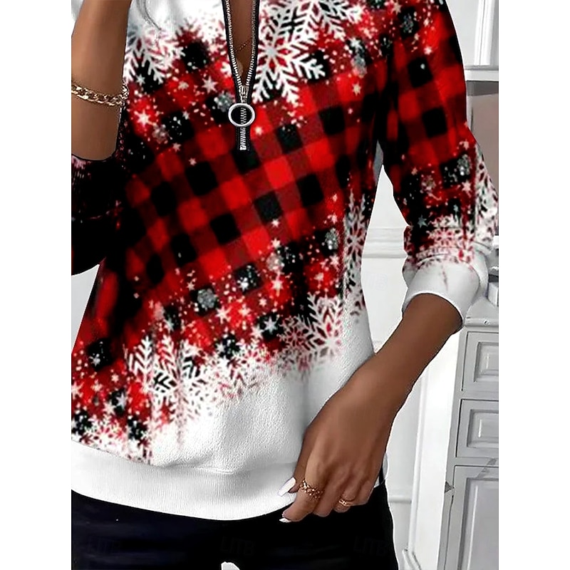 Women's Pullover Sweatshirt Zip Up Sweatshirts Graphic Geometric Plaid Fashion Casual Long Sleeve Crew Neck Regular Tops Street Dailywear Patchwork Zipper Print Red Fall Winter3