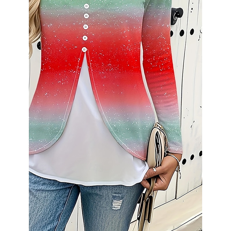 Women's T Shirt Graphic Gradient Striped Vintage Stylish Modern Long Sleeve Crew Neck Regular Tops Daily Print Red Spring Fall Winter4