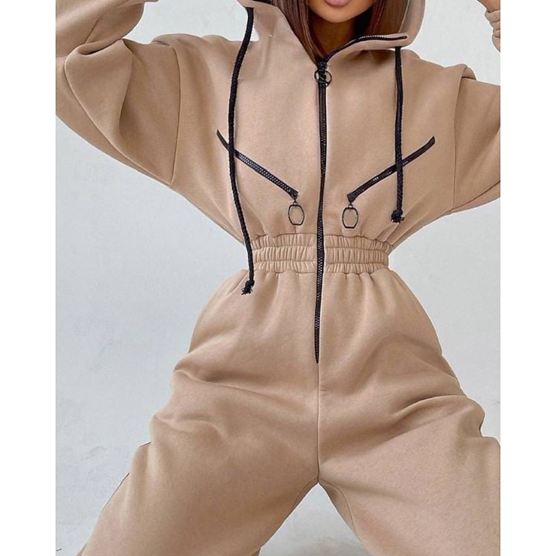 Women's Normal Jumpsuit Streetwear Color Block Long Sleeve Hooded Patchwork Zipper Street Daily Regular Fit White Pink Blue Fall