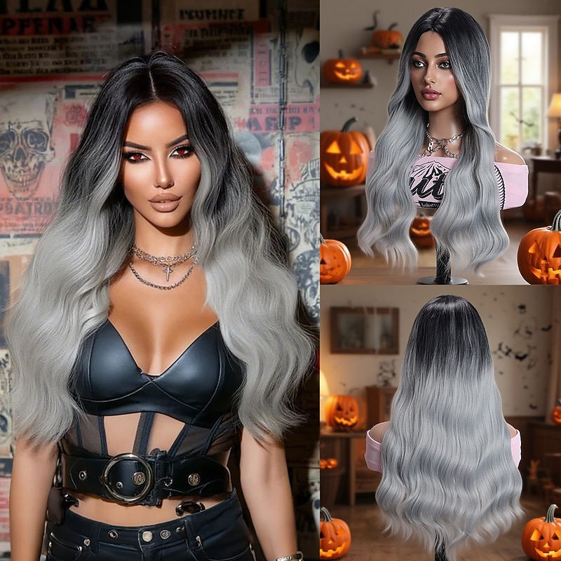 Synthetic Lace Wig Curly Style 24 inch Gray Middle Part U Part Wig Women's Wig Silver grey