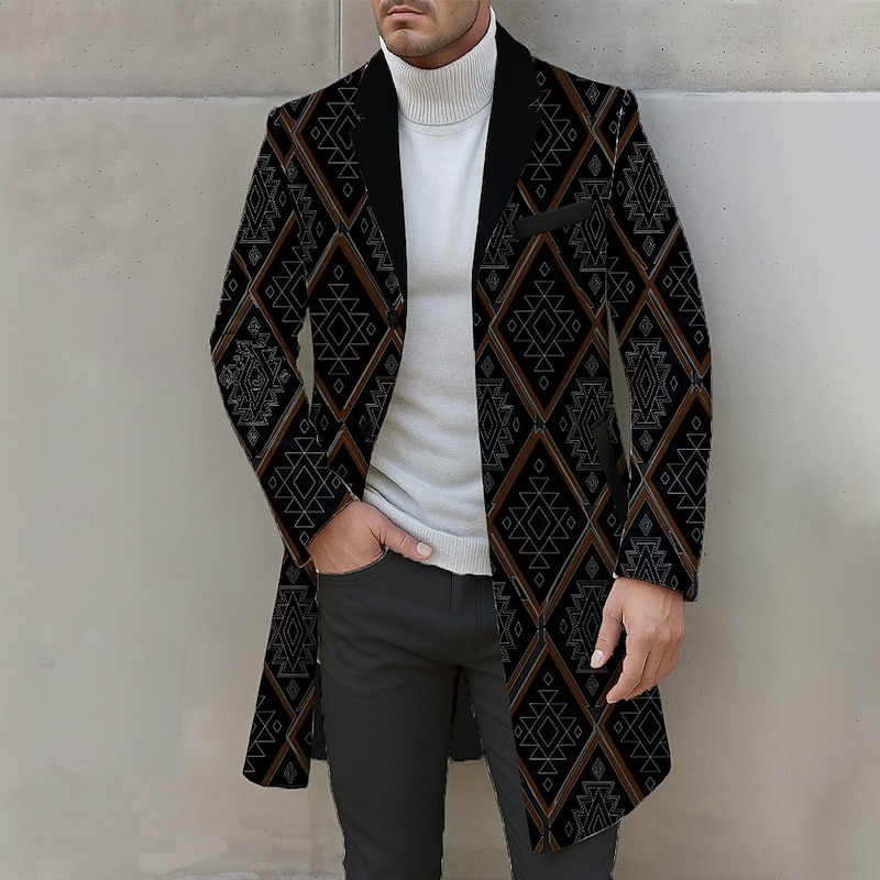 Men's Ombre Geometric Overcoat Coat Casual Business Daily 3D Print Buttons Front Pocket Spring Fall Winter Notch Long Sleeve Black Black-white2
