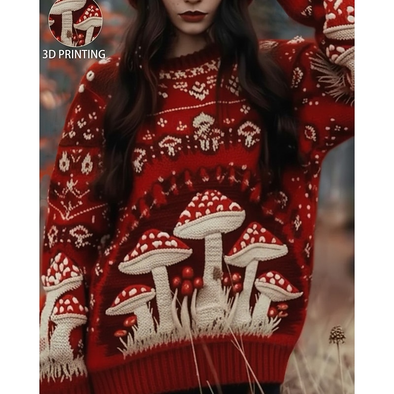 Women's Sweater Vintage Sweater Pullover Daily Casual Graphic Ribbed Crew Neck Knitted Print Long Sleeve Regular Tops Knit Outdoor Weekend Red Fall Winter2