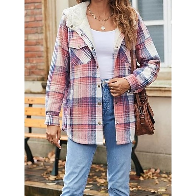 Women's Sherpa Jacket Comfortable Breathable Pocket Buttons Casual Plain Vacation Street Casual Daily Wear Single Breasted Regular Hooded Regular Fit Long Sleeve Outerwear Light Blue Navy Pink Spring2