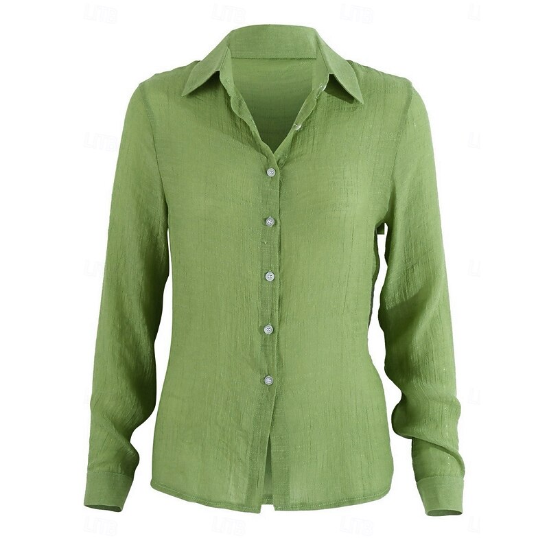 Women's Shirt Cotton Linen Shirts Button Up Blouse Solid Color Basic Casual Long Sleeve Shirt Collar Regular Tops Daily Buttons Yellow Green Summer Spring3