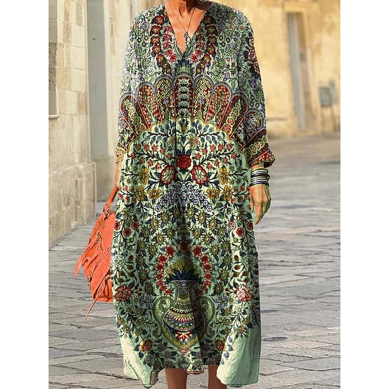 Women's Midi Dress Sundress A Line Dress Vacation Casual Boho Going out Beach Loose Fit Graphic Geometric Long Sleeve V Neck Pink Blue Green Apricot Spring Fall Winter Autumn4