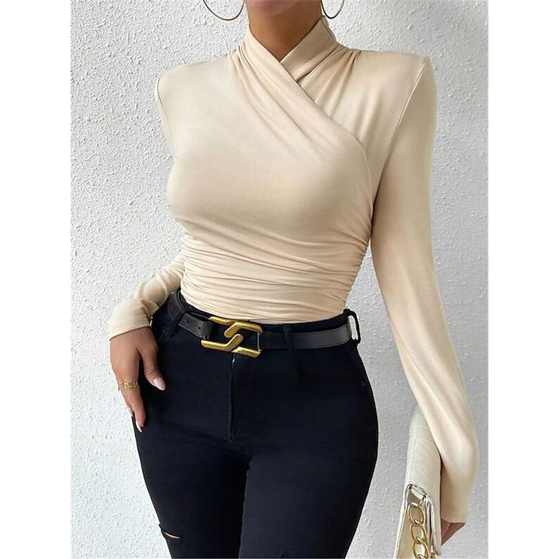 Women's Blouse Solid Color Stylish Casual Long Sleeve V Neck Regular Tops Daily Ruched Black White Apricot Gray Spring Fall Winter