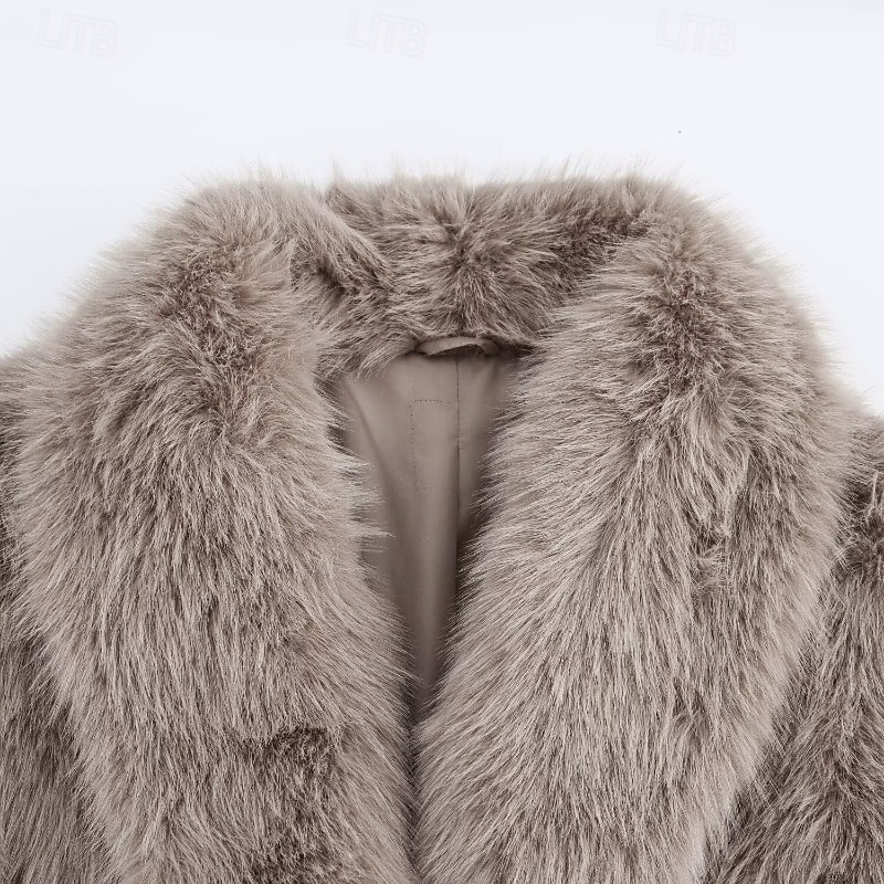 Women's Coat Faux Fur Coat Warm Comfortable Pocket Buttons Furs & Leathers Casual Plain Vacation Street Daily Wear Going out Long Turndown Regular Fit Long Sleeve Outerwear Khaki Fall Winter3