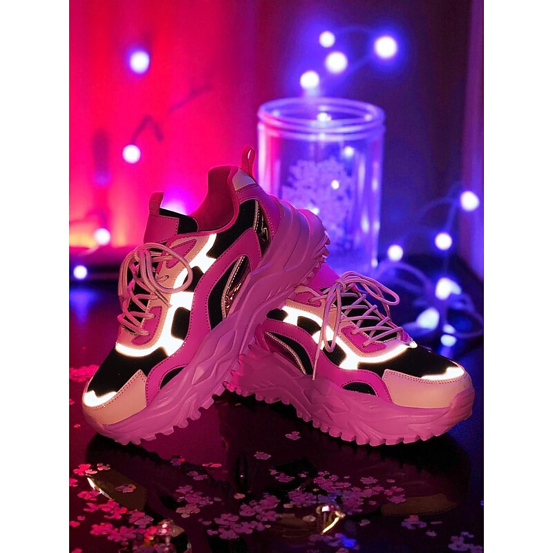 Women's Pink Reflective Chunky Sneakers – Nightlife Party Sport Shoes for Streetwear, Dance and Festival Outfits2