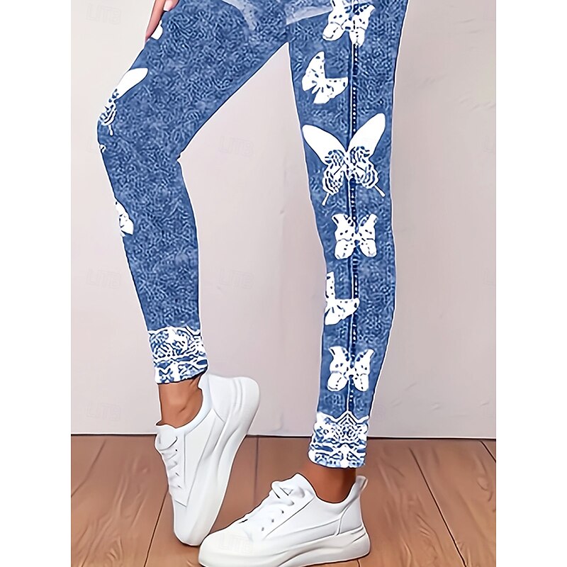 Women's Leggings Vacation Vintage Fashion Full Length High Waist Floral Graphic Butterfly Printing Thermal Warm Soft Breathable Stretchy Vacation Street Casual Light Blue-White Spring Fall Winter3