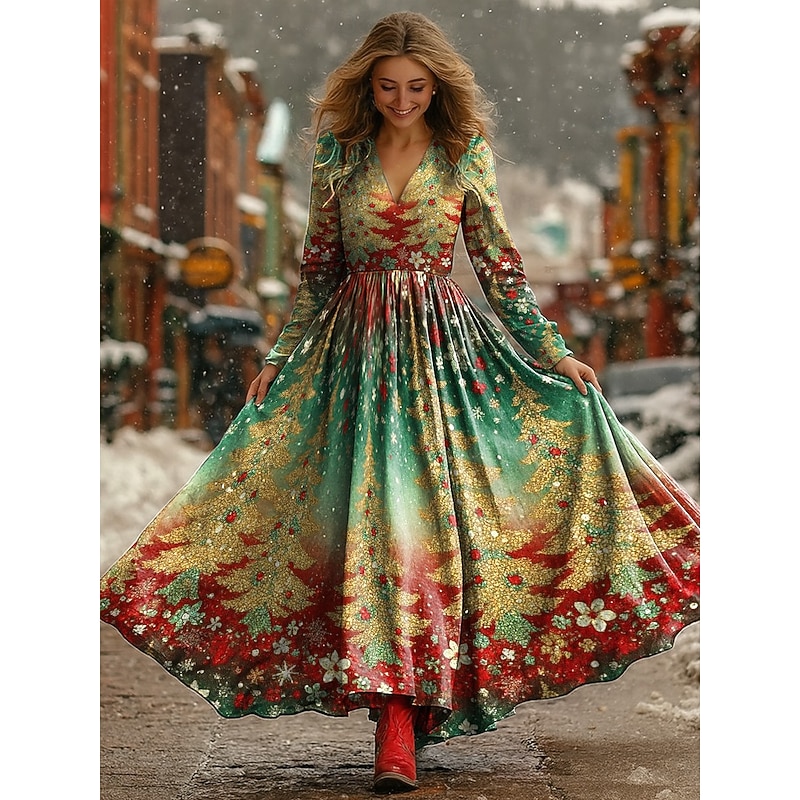 Christmas Women's Maxi Dress Pleated Dress Party Casual Boho Daily Date Going out Regular Fit Christmas Tree Long Sleeve V Neck Burgundy Green Fall Winter