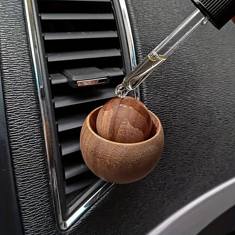 Handcrafted Natural Black Walnut Car Aroma Diffuser - Circular Design with Black Handle Battery-Free Compatible with Car Vent and Home Essential Oil Diffusers