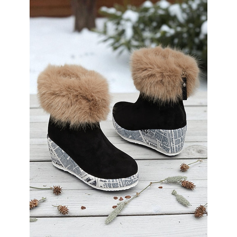 Women's Black Faux Suede Wedge Ankle Boots with Faux Fur Collar and Newspaper Print Sole, Fashion Casual Winter Shoes for Streetwear and Parties