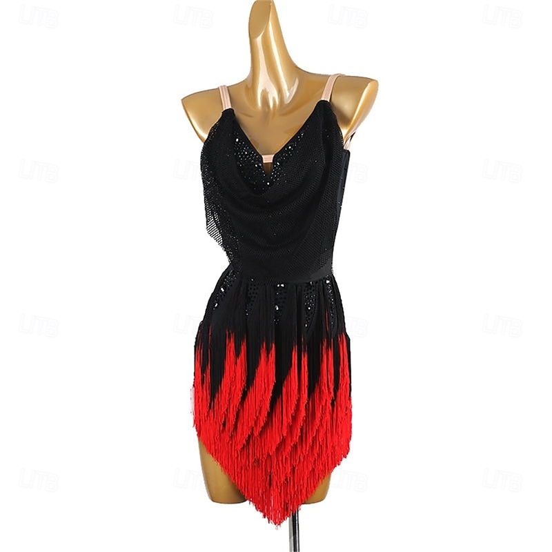 Women's Black and Red Latin Dance Dress with Sequin Detailing, Fringe Skirt, Adjustable Straps – Ideal for Salsa, Cha Cha, and Performance Wear3