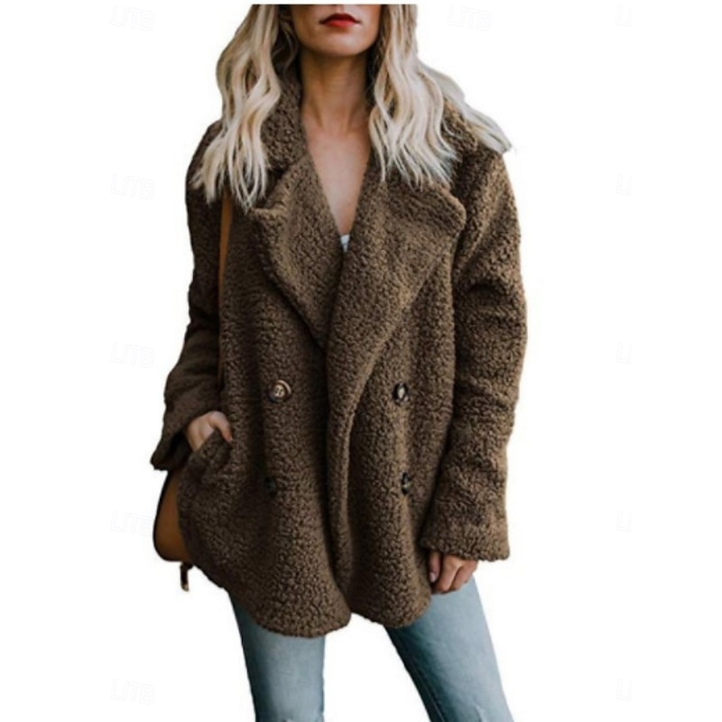 Women's Teddy Coat Comfortable Breathable Buttons Casual Plain Vacation Street Casual Daily Wear Double Breasted Regular Turndown Regular Fit Long Sleeve Outerwear White Red Dark Grey Spring Fall
