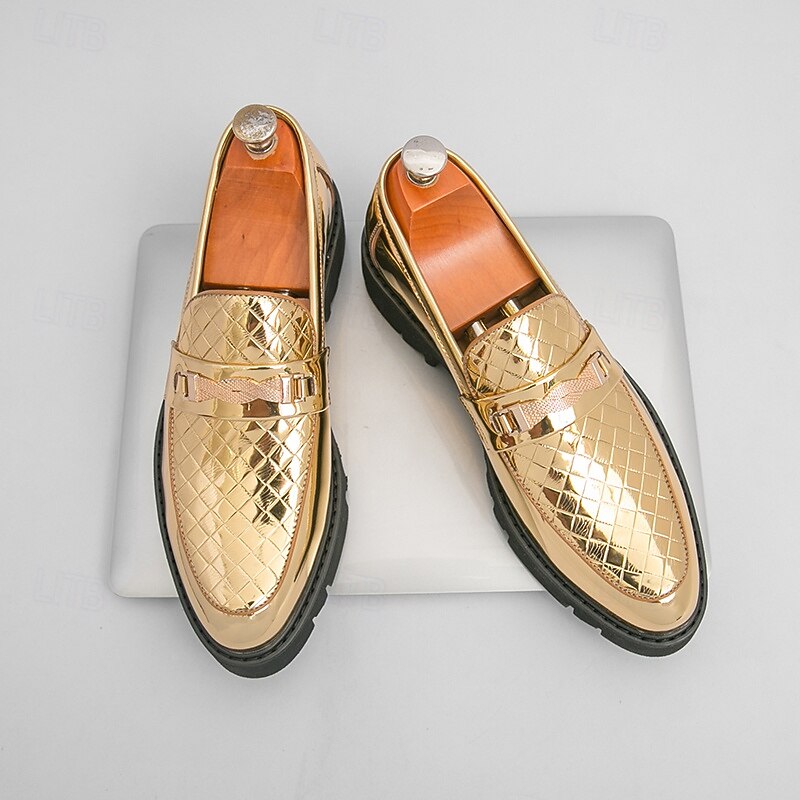 Men's Gold Dress Loafers with Buckle – Shiny Quilted Slip-On Formal Shoes for Parties, Weddings and Business Events3