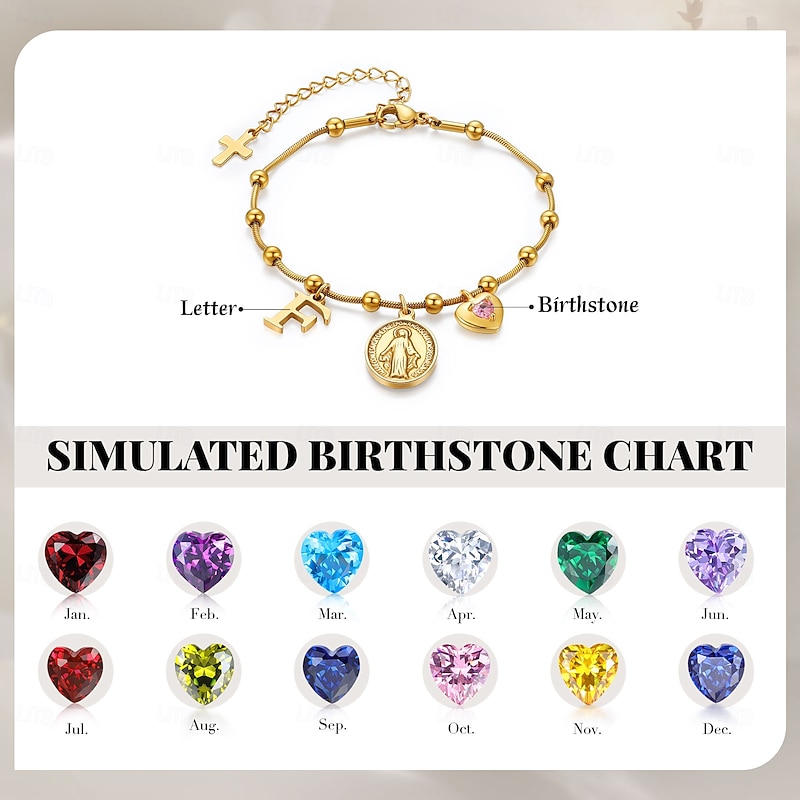 Personalized Birthstone Virgin Mary Pendant Bracelet – Custom Letter Charm Jewelry, Fashionable Thanksgiving & Christmas Gift for Family and Friends