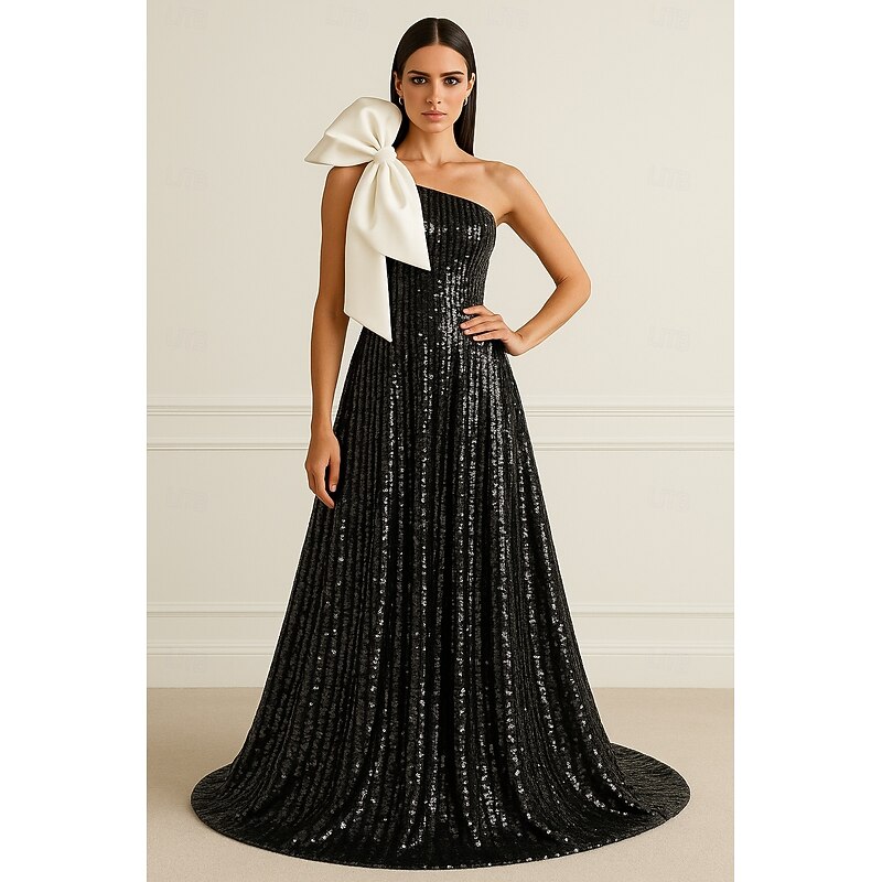 Sequin A-Line Evening Gown Elegant Formal Dress Formal Wedding Floor Length Sleeveless One Shoulder Pocket Satin with Glitter Bow(s) 2025