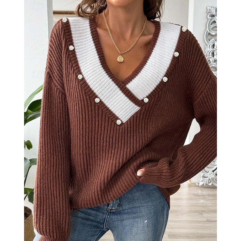 Women's Sweater Pullover Streetwear Casual Color Block V Neck Patchwork Knitted Long Sleeve Regular Tops Knit Daily Holiday Going out Black Dark Blue Fall Winter