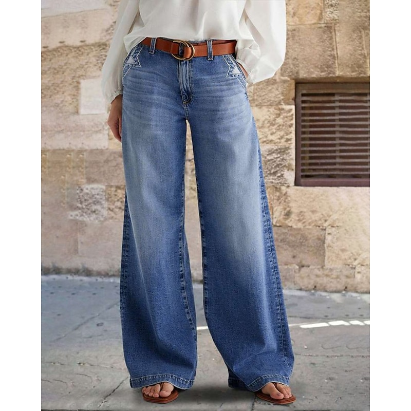 Women's Jeans Wide Leg Fashion Streetwear Casual Full Length Medium Waist Plain Pocket Comfortable Micro-elastic Outdoor Vacation Street Blue Spring Fall Loose Fit