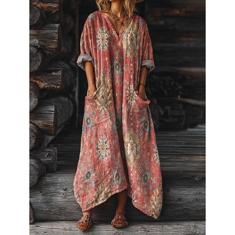 Women's Maxi Dress A Line Dress Vacation Casual Daily Regular Fit Loose Fit Floral Graphic Long Sleeve V Neck Pink Dark Pink Red Blue Summer Spring Fall2