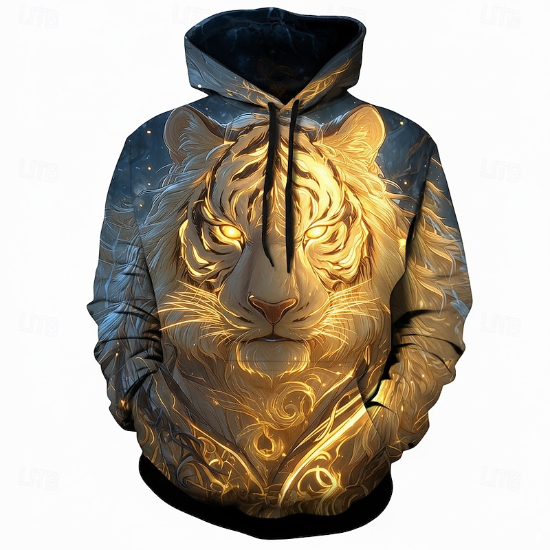 Men's Lion Hoodie Sweatshirt 3D Fantasy Crew Neck Gift Club Streetwear Black Blue Drawstring Fall Winter Designer4