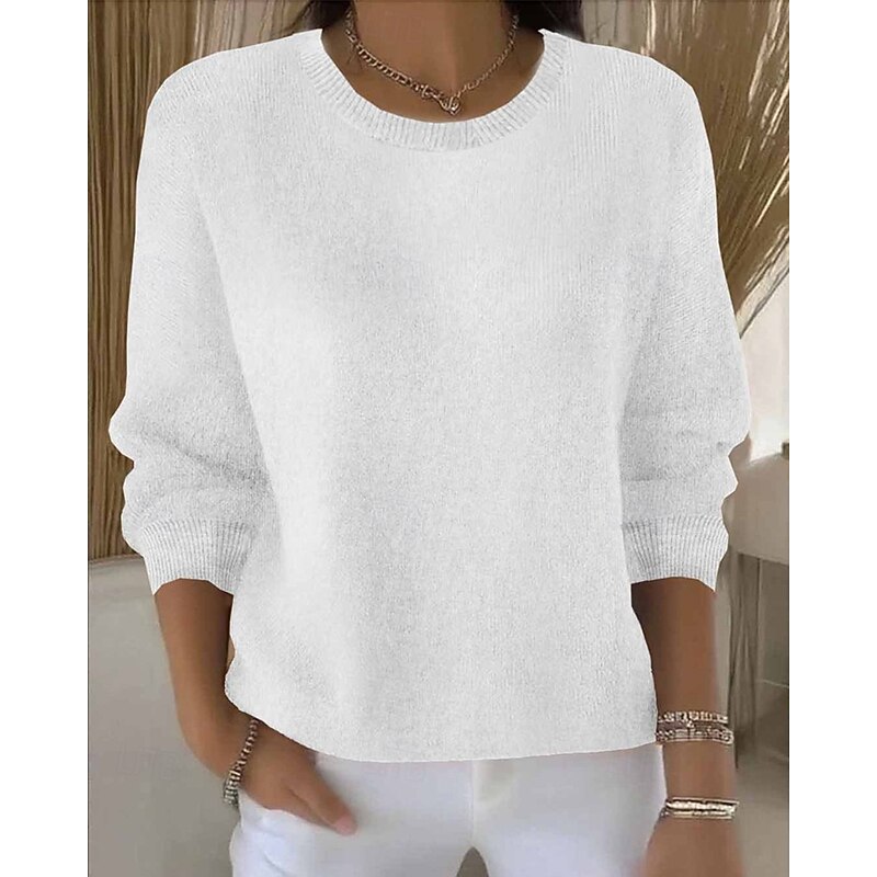 Women's Sweater Fashion Streetwear Casual Solid Color Ribbed Crew Neck Knitted Long Sleeve Regular Tops Knit Outdoor Daily Weekend Black White Fall Winter2