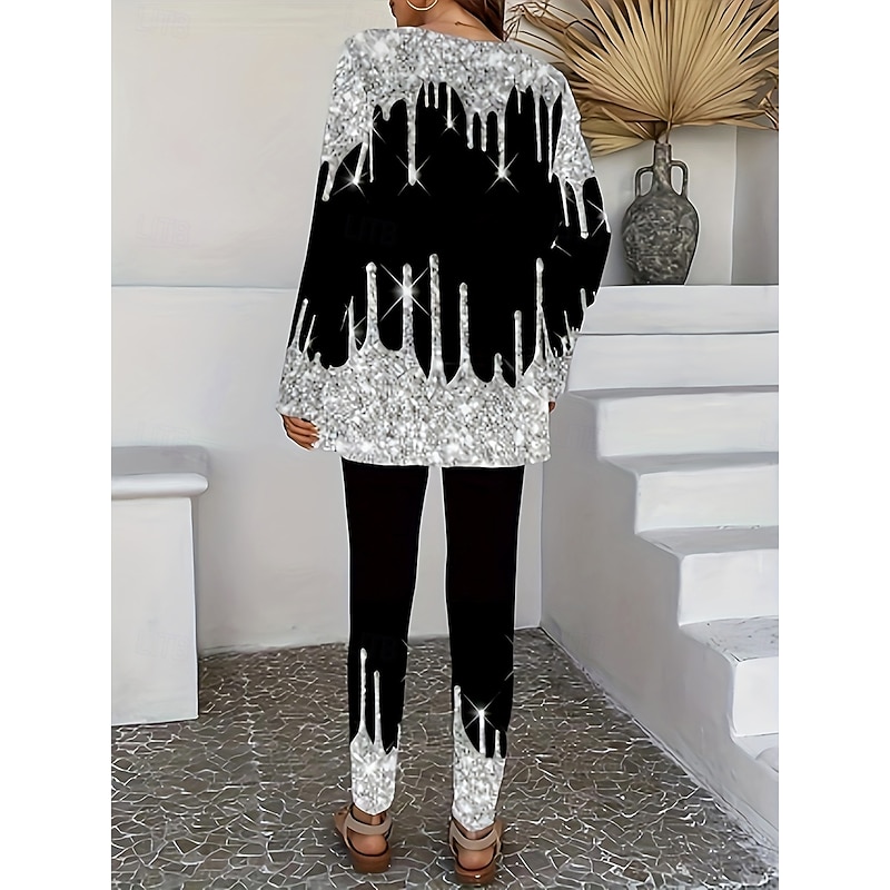 Women's Elegant Vacation Fashion T Shirt Pants Sets Long Sleeve Crew Neck Round Neck Ombre Graphic Print Casual Daily Casual Daily Black Spring Regular Fit3