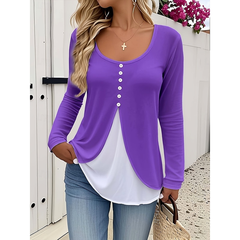Women's T Shirt Solid Color Color Block Plain Vintage Stylish Classic Long Sleeve Crew Neck Regular Tops Daily Buttons Print Tiered Black and White Spring Fall Winter4