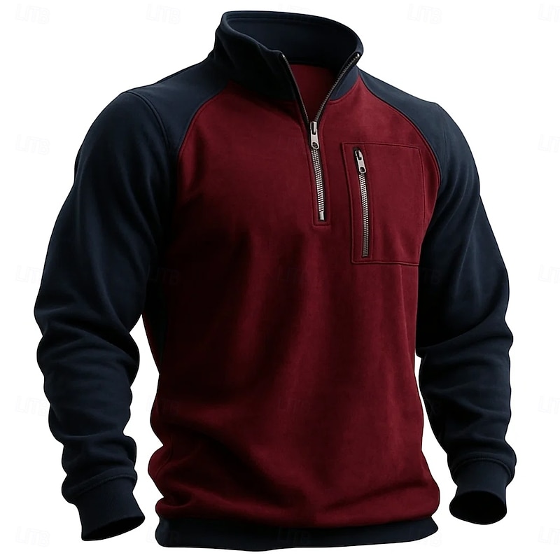 Men's Tee Top Long Sleeve Stand Collar Half Zip Fall Spring &  Fall Color Block Vintage Fashion Designer Pocket Color Block Vacation Street Casual Wine Navy Blue Green Top Tee for Men4
