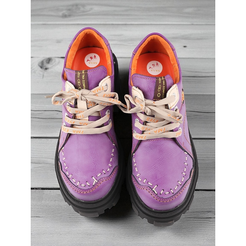 Women's Green Genuine Leather Chunky Sole Lace-Up Casual Shoes – Retro Leather Oxford Style Shoes for Autumn Fashion and Outdoor Walking3