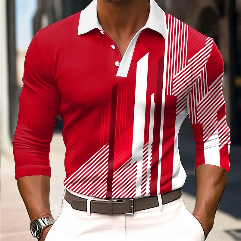 Men's Geometic Polo Long Sleeve Polo Shirts Collared Shirts Business Casual Business Athleisure Daily Wear 3D Print Buttons Spring Fall Winter Red Blue Orange3