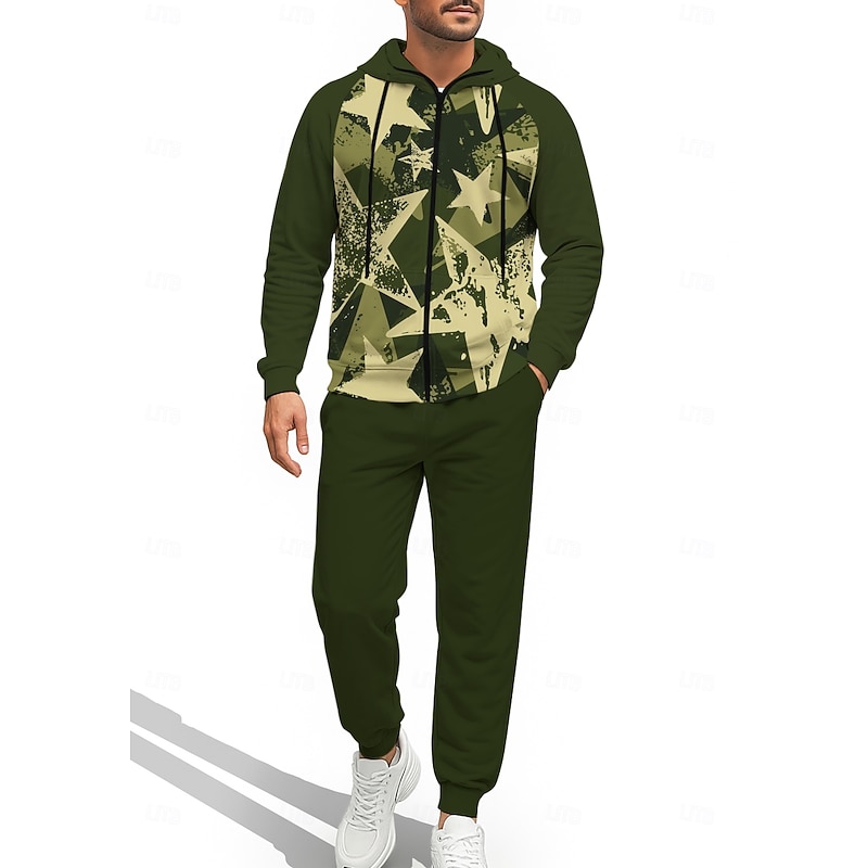 Men's Hoodie Tracksuit Zip Hoodie Drawstring Pockets Camouflage Pants Hoodie Sweatshirt Fall Army Green Camouflage Brown Gym Workout Casual Basketball Baggy Long Sleeve Sport Activewear Stretchy